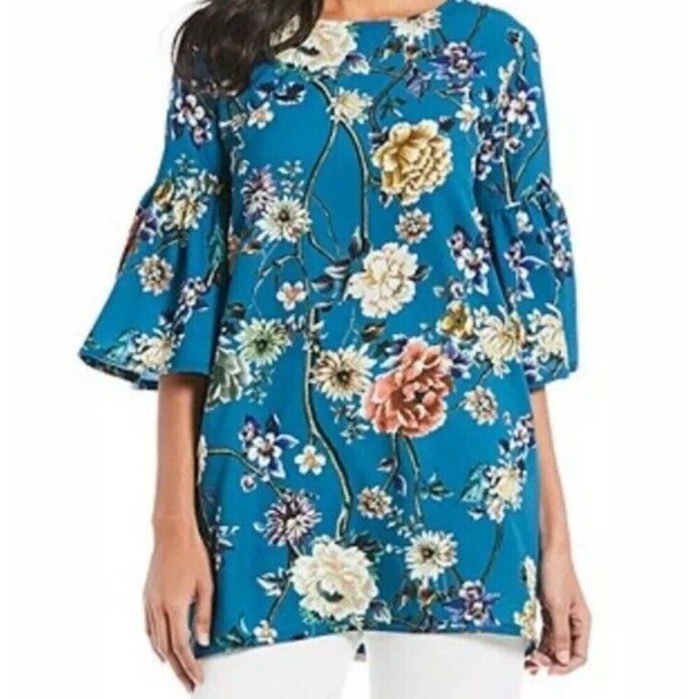 Bryn Walker Diego Tunic Teal Blue Floral Size Medium Bell Sleeves